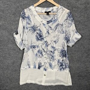 Alison Sheri Medium  Blouse White Abstract Left Print Button Up Roll Tab Sleeves